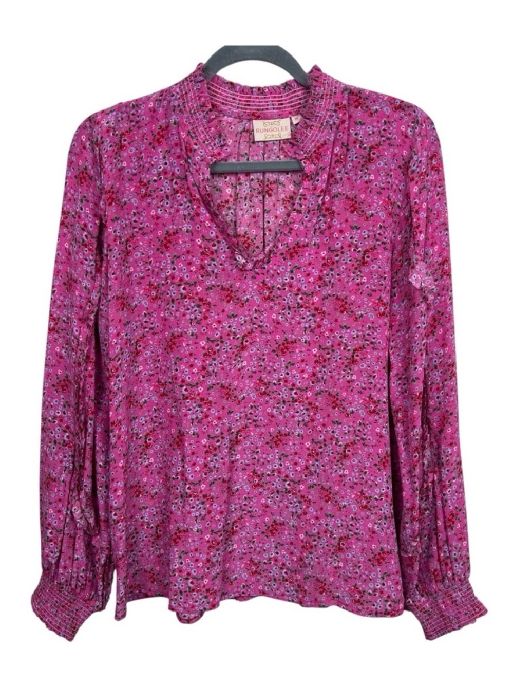 Rungolee Pink Floral Ruffle Blouse – Size Small